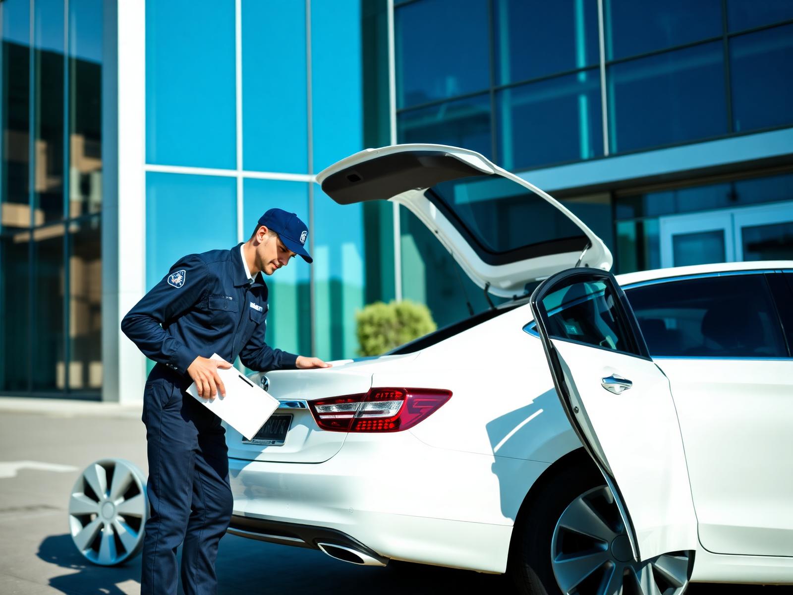 Professional CML courier loading packages into a sedan outside a business office