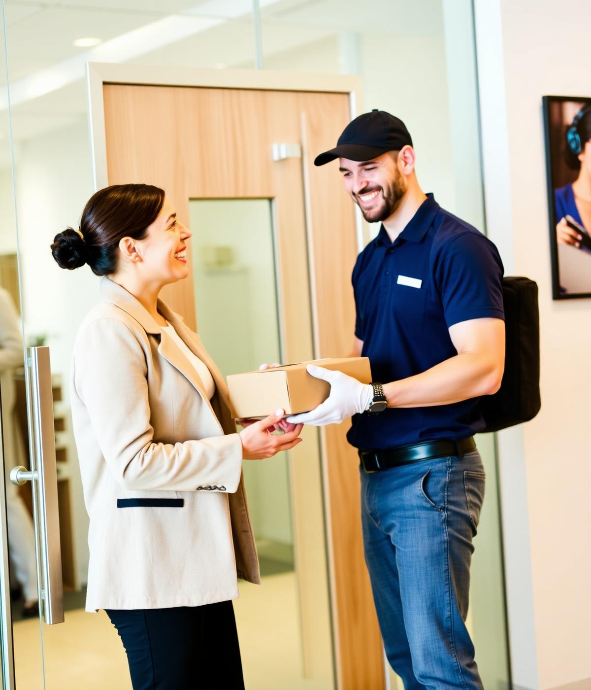 CML courier professionally delivering a package to a business client
